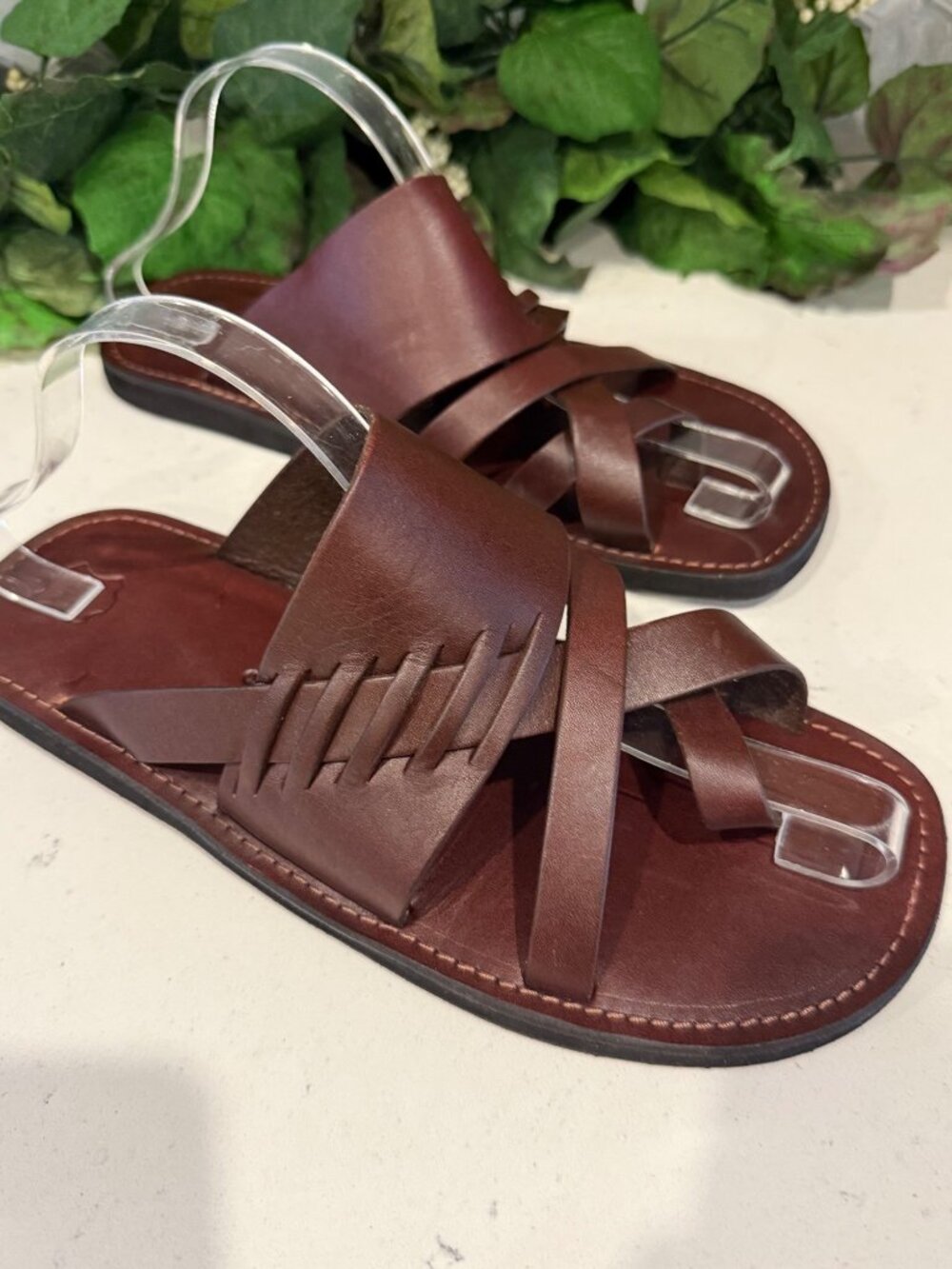 Handmade Brown Leather Sandals With Braided Strap Design For Men Size 8 - Picture 2 of 7